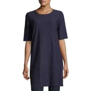 Eileen Fisher Women's Washable Short Sleeve Shift Dress Crepe Side-Zip Navy- M‎
